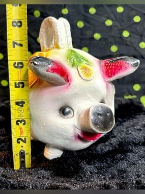 Vintage Folk Art Chalkware Piggy Bank With Painted Flowers